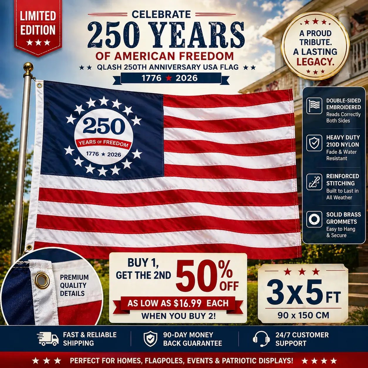 🎉250th Anniversary USA Commemorative Flag (3x5 Ft),Double-Sided Embroidered